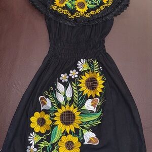 Black Sundress with Embroidered Sunflower Bouquet